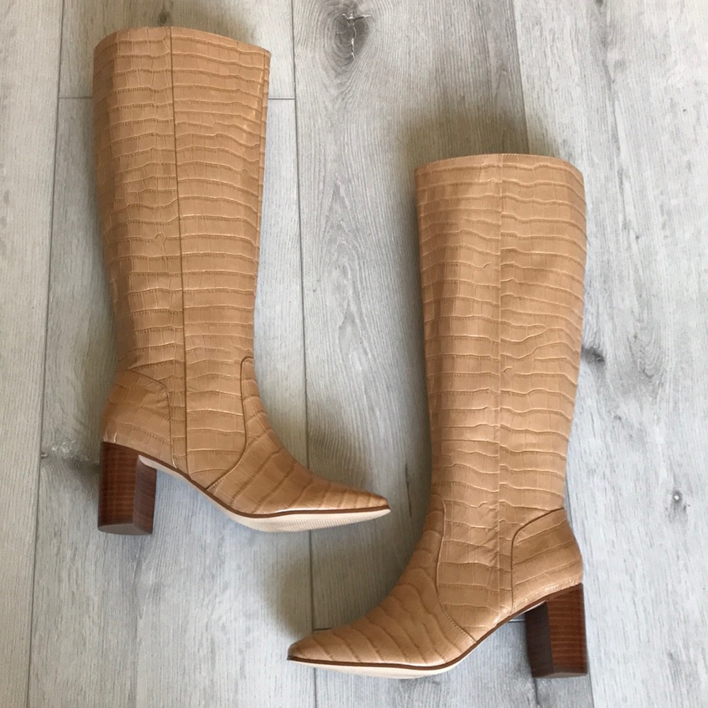 Marc Fisher Tan Croc-Embossed Heeled Boots